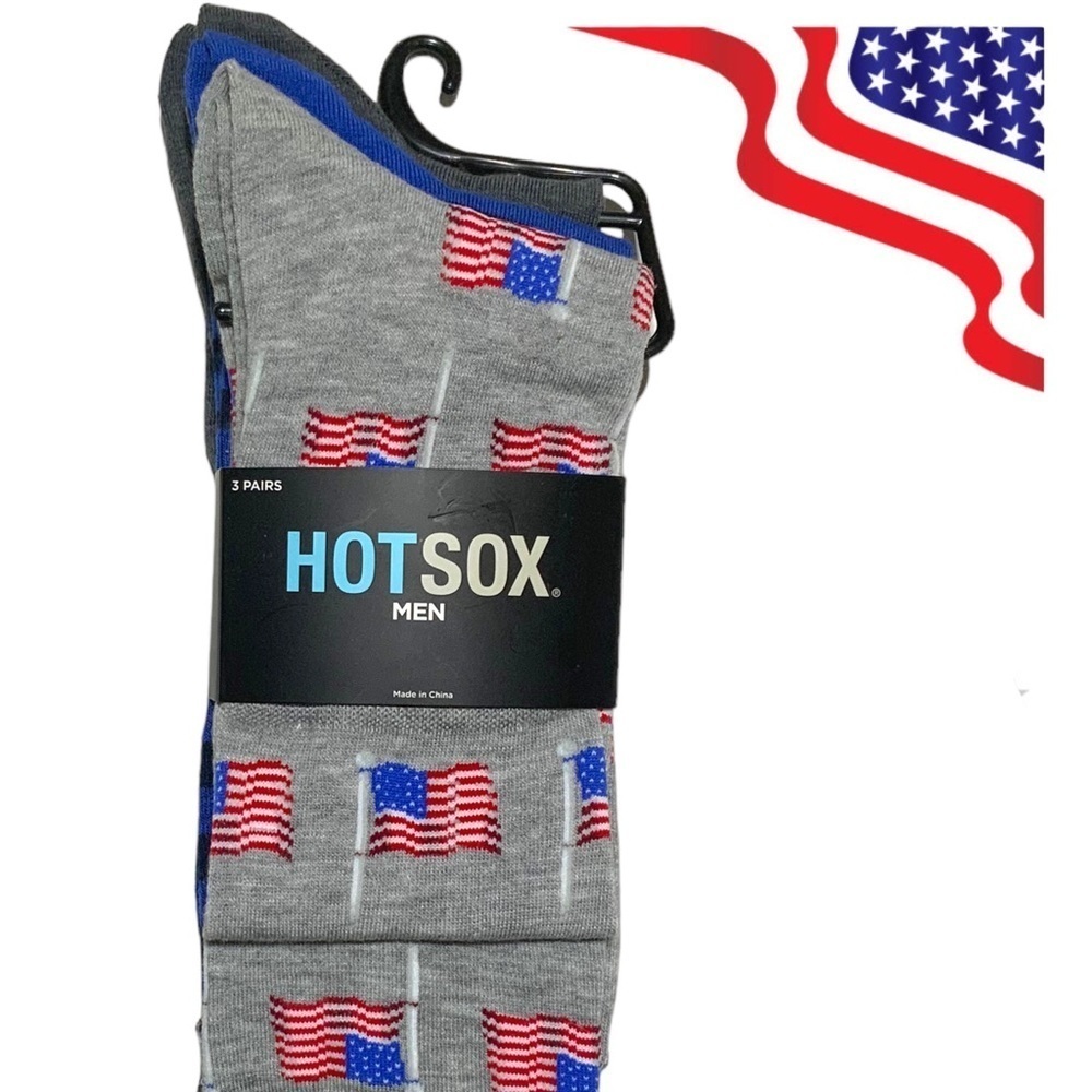 Hot Sox 3 Pack Flag Patriotic Theme Novelty Dress Crew Socks Gift Men’s Unisex